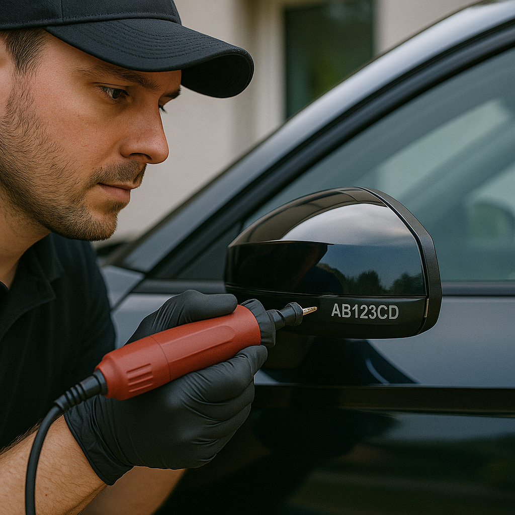 Grabado de patente ofrecido en nuestro detailing de autos a domicilio en Santiago